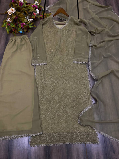 "Elegant Faux Georgette Set with Embroidery and GPO Lace Work"