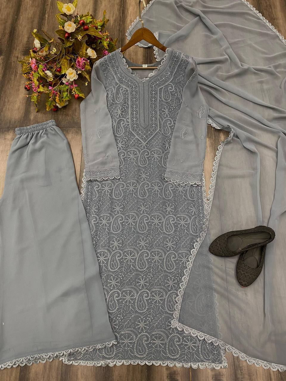 "Elegant Faux Georgette Set with Embroidery and GPO Lace Work"