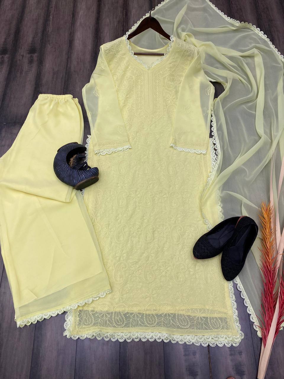 "Elegant Faux Georgette Set with Embroidery and GPO Lace Work"