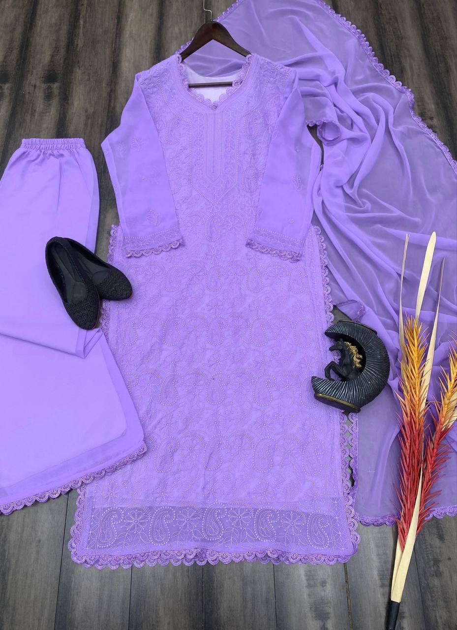 "Elegant Faux Georgette Set with Embroidery and GPO Lace Work"