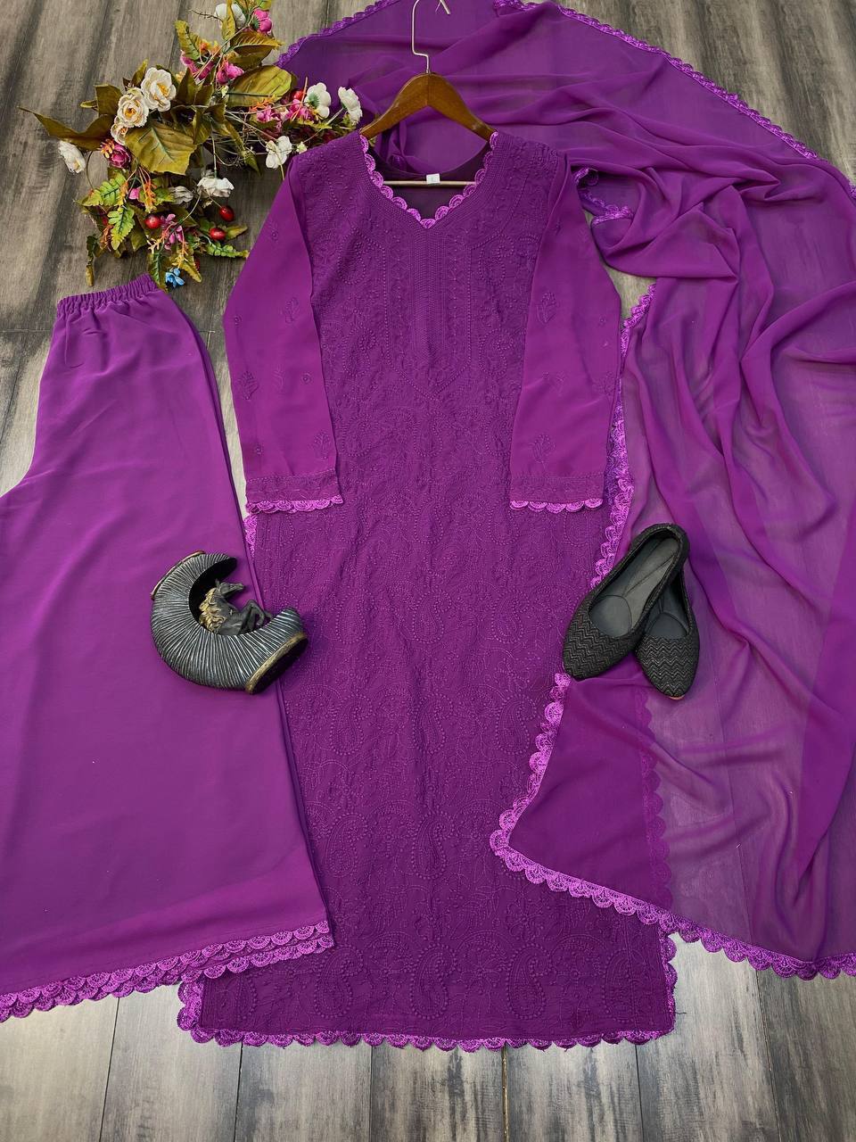 "Elegant Faux Georgette Set with Embroidery and GPO Lace Work"