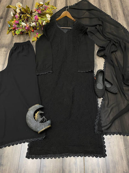 "Elegant Faux Georgette Set with Embroidery and GPO Lace Work"