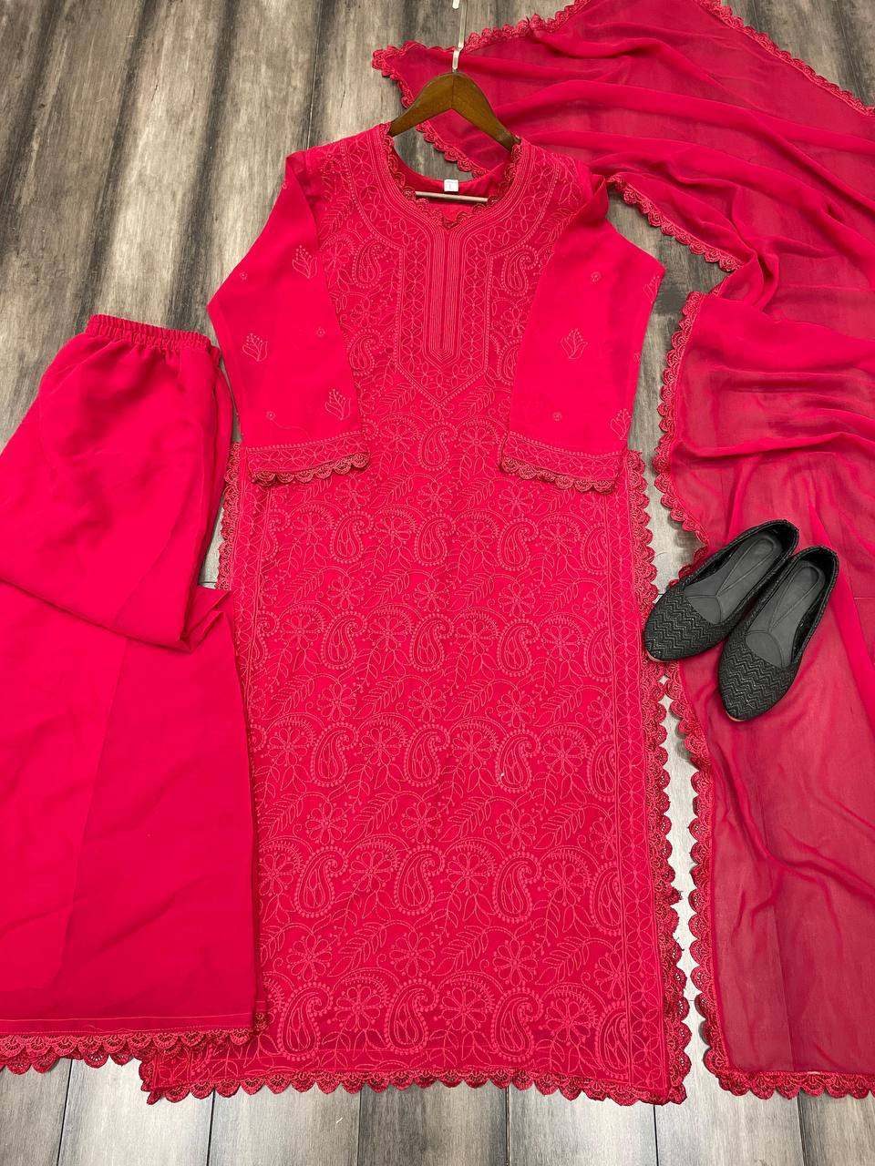 "Elegant Faux Georgette Set with Embroidery and GPO Lace Work"