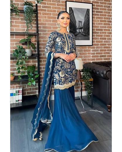 "Embroidered Glamour: Faux Georgette Sharara Set"