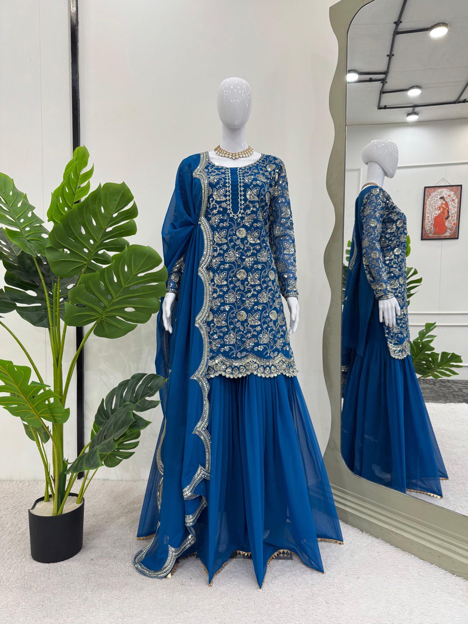 "Embroidered Glamour: Faux Georgette Sharara Set"
