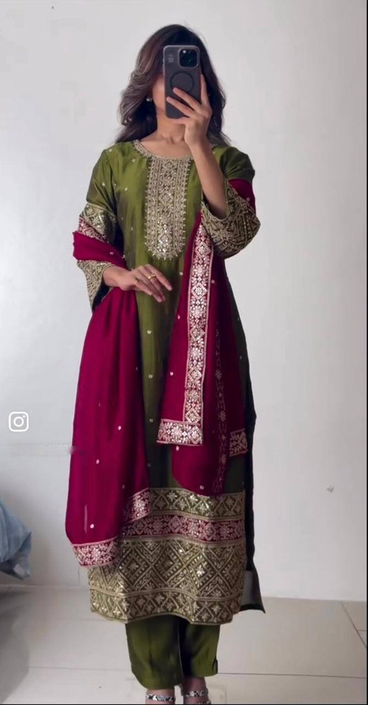 "Elegant Pure Vichitra Silk Top, Pant & Dupatta Set with Heavy Embroidery"