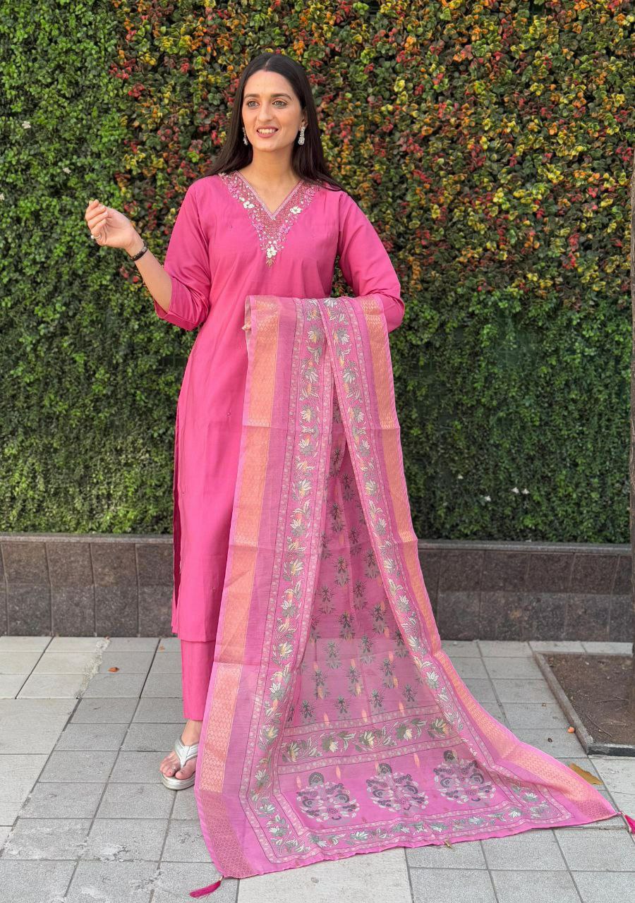 "Rouge Premium Roman Silk Dress with Heavy Chanderi Dupatta and Handwork"