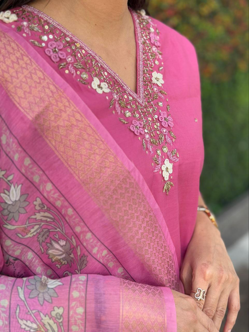 "Rouge Premium Roman Silk Dress with Heavy Chanderi Dupatta and Handwork"