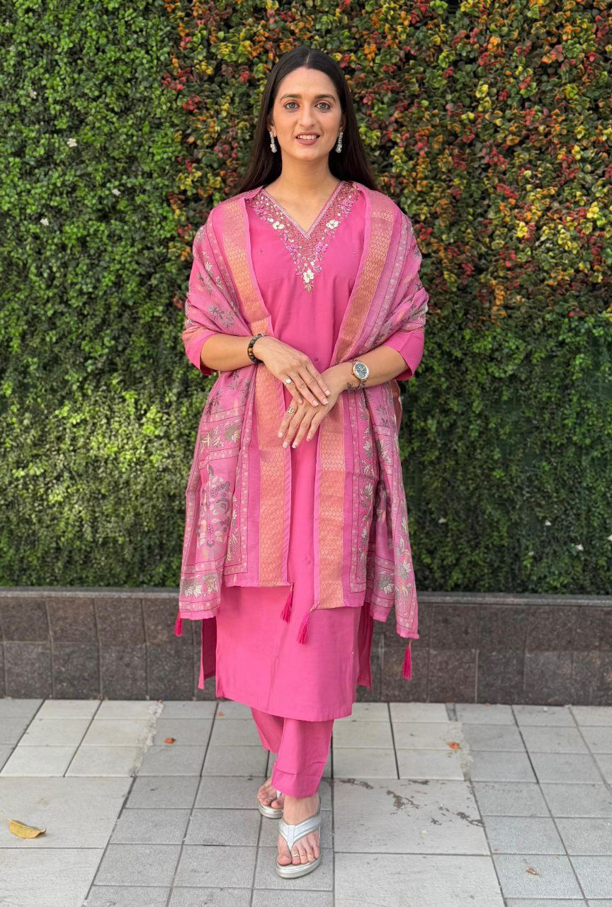 "Rouge Premium Roman Silk Dress with Heavy Chanderi Dupatta and Handwork"