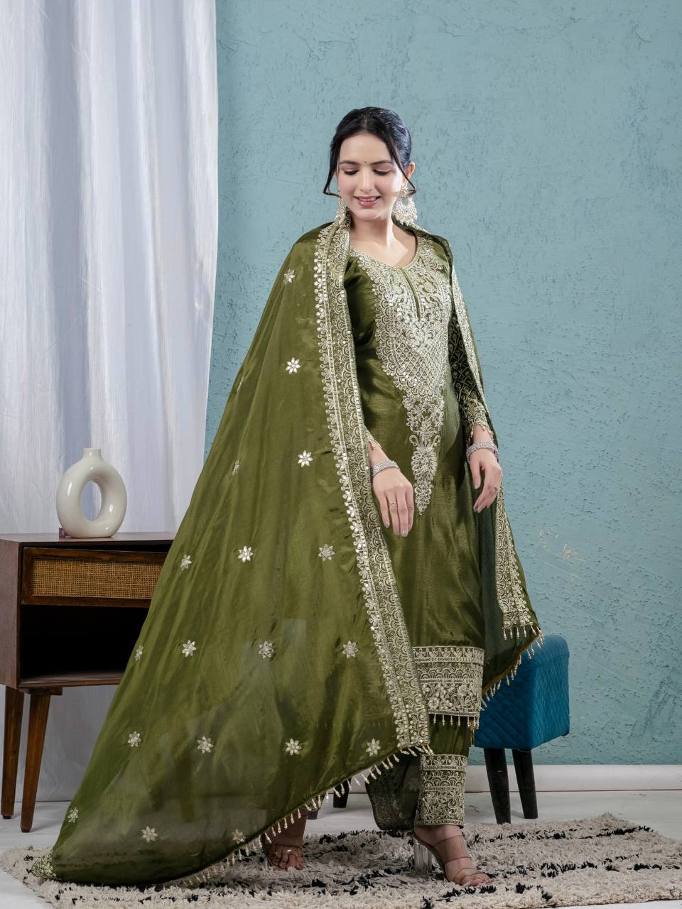 "Elegant Pure Chinnon Silk Ensemble with Heavy Embroidery and Sequins"