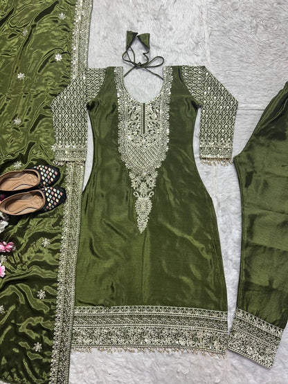 "Elegant Pure Chinnon Silk Ensemble with Heavy Embroidery and Sequins"