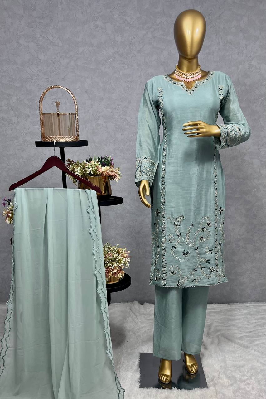 Pure Chinon Silk Kurta Pant with Dupatta