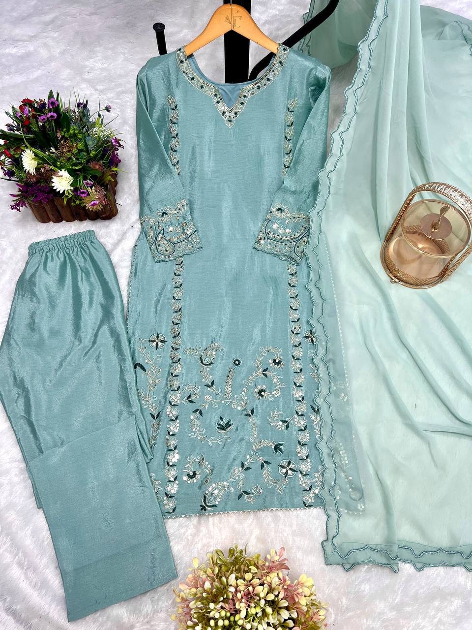 Pure Chinon Silk Kurta Pant with Dupatta