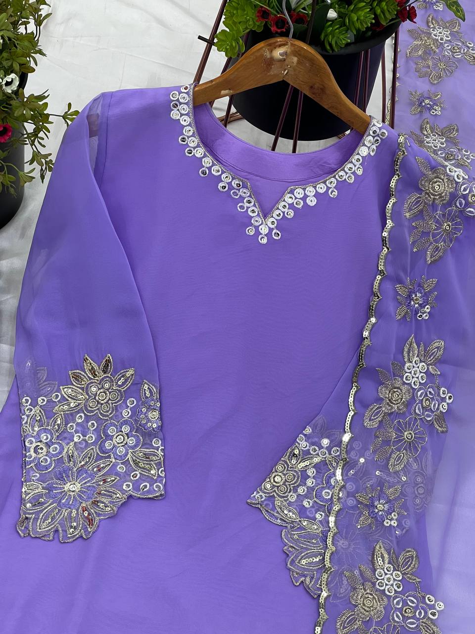 Graceful Embroidery Sequence Work Top, Plazzo & Dupatta Set