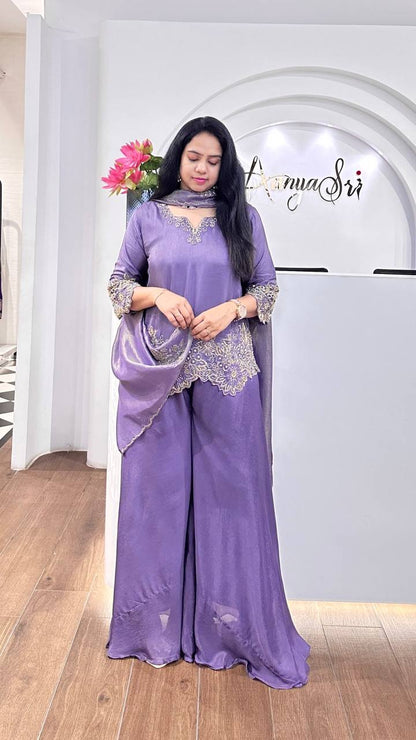 Graceful Embroidery Sequence Work Top, Plazzo & Dupatta Set