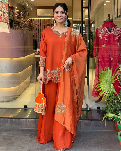 Graceful Embroidery Sequence Work Top, Plazzo & Dupatta Set