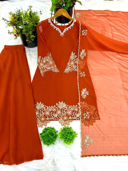 Graceful Embroidery Sequence Work Top, Plazzo & Dupatta Set
