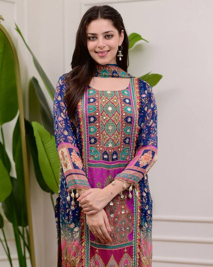"Luxury Chinon Set: Printed Top, Pant & Dupatta with Fancy Details"