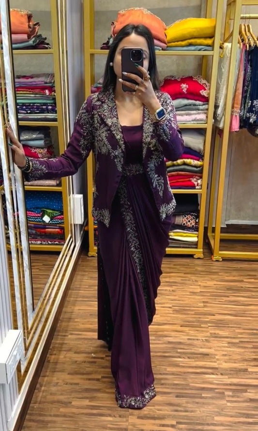 "Elegantly Embroidered Heavy Chinon Saree Set with Jacket and Belt"