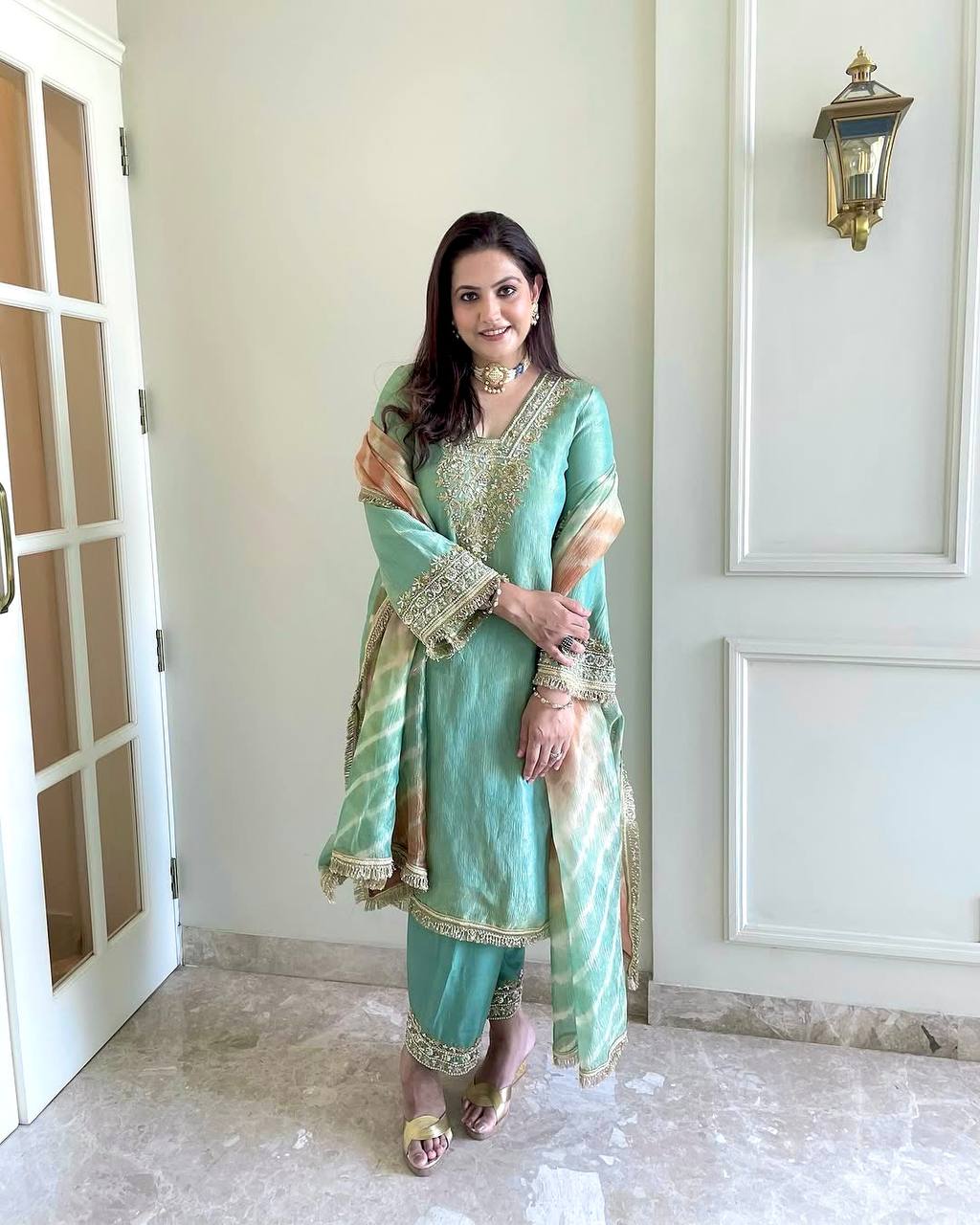 "Premium Pur Crunchy Silk Embroidered Outfit with Tassels & Digital Print Dupatta"