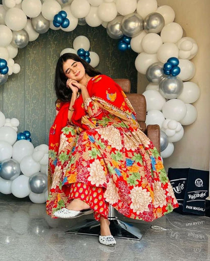 "Bright Red Floral Cotton & Chanderi Dress for All Occasions"