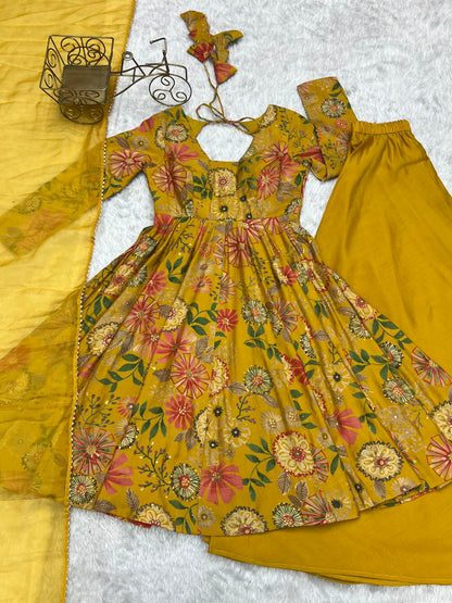 "Elegant Kediya Kurta Set with Pure Romansilk Chanderi Fabric, Fancy Lace Work Dupatta, and Fully Stitched Palazzo"