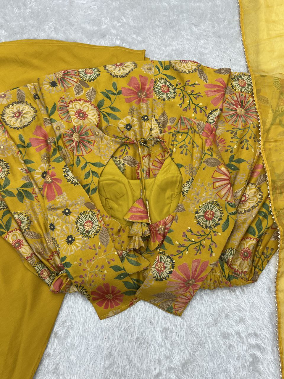 "Elegant Kediya Kurta Set with Pure Romansilk Chanderi Fabric, Fancy Lace Work Dupatta, and Fully Stitched Palazzo"