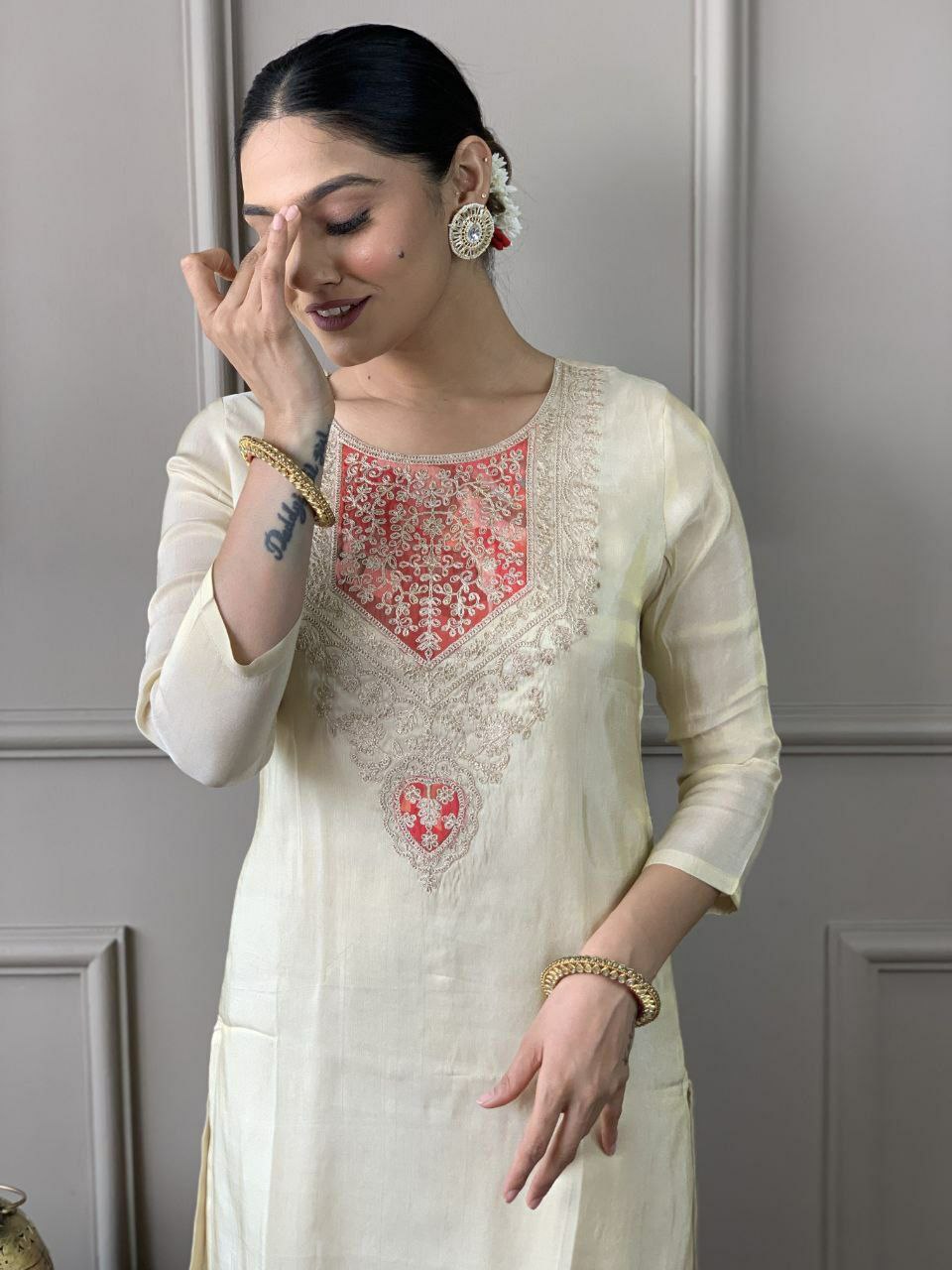 "Elegant PV Chanderi Set with Sequence Embroidery and Printed Silk Dupatta"