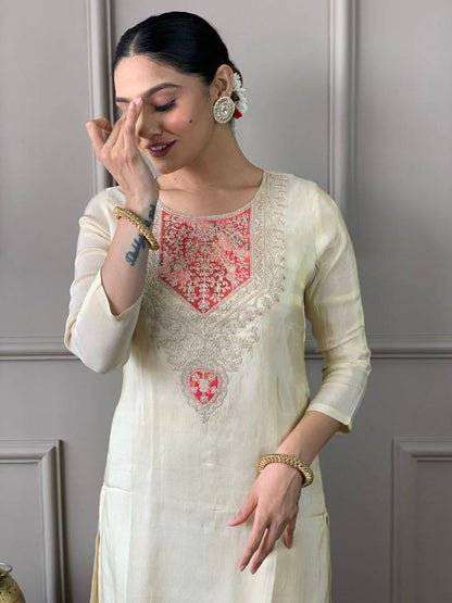 "Elegant PV Chanderi Set with Sequence Embroidery and Printed Silk Dupatta"