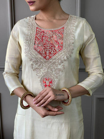 "Elegant PV Chanderi Set with Sequence Embroidery and Printed Silk Dupatta"