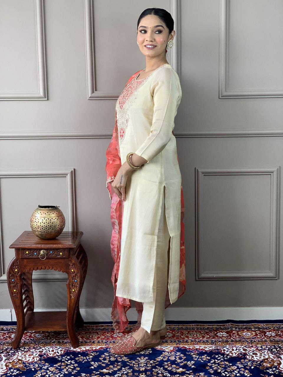 "Elegant PV Chanderi Set with Sequence Embroidery and Printed Silk Dupatta"