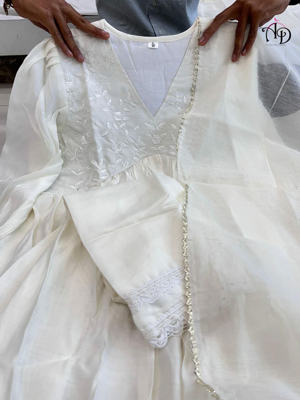 "Premium Embroidered Chanderi Silk Gown with Lace Detailing & Dupatta"