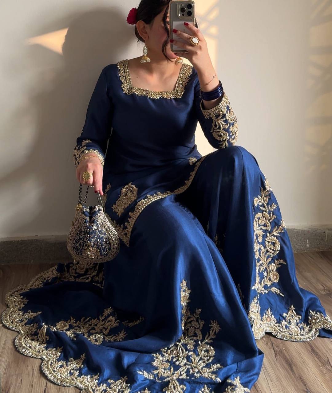 "Elegant Chinon Sequence Embroidered Suit with Full Flare Gharara & Organza Dupatta"