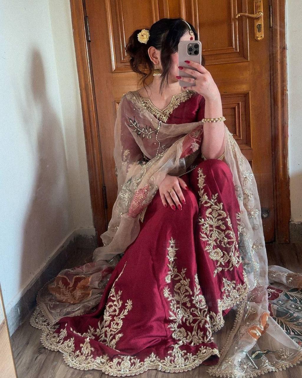 "Elegant Chinon Sequence Embroidered Suit with Full Flare Gharara & Organza Dupatta"