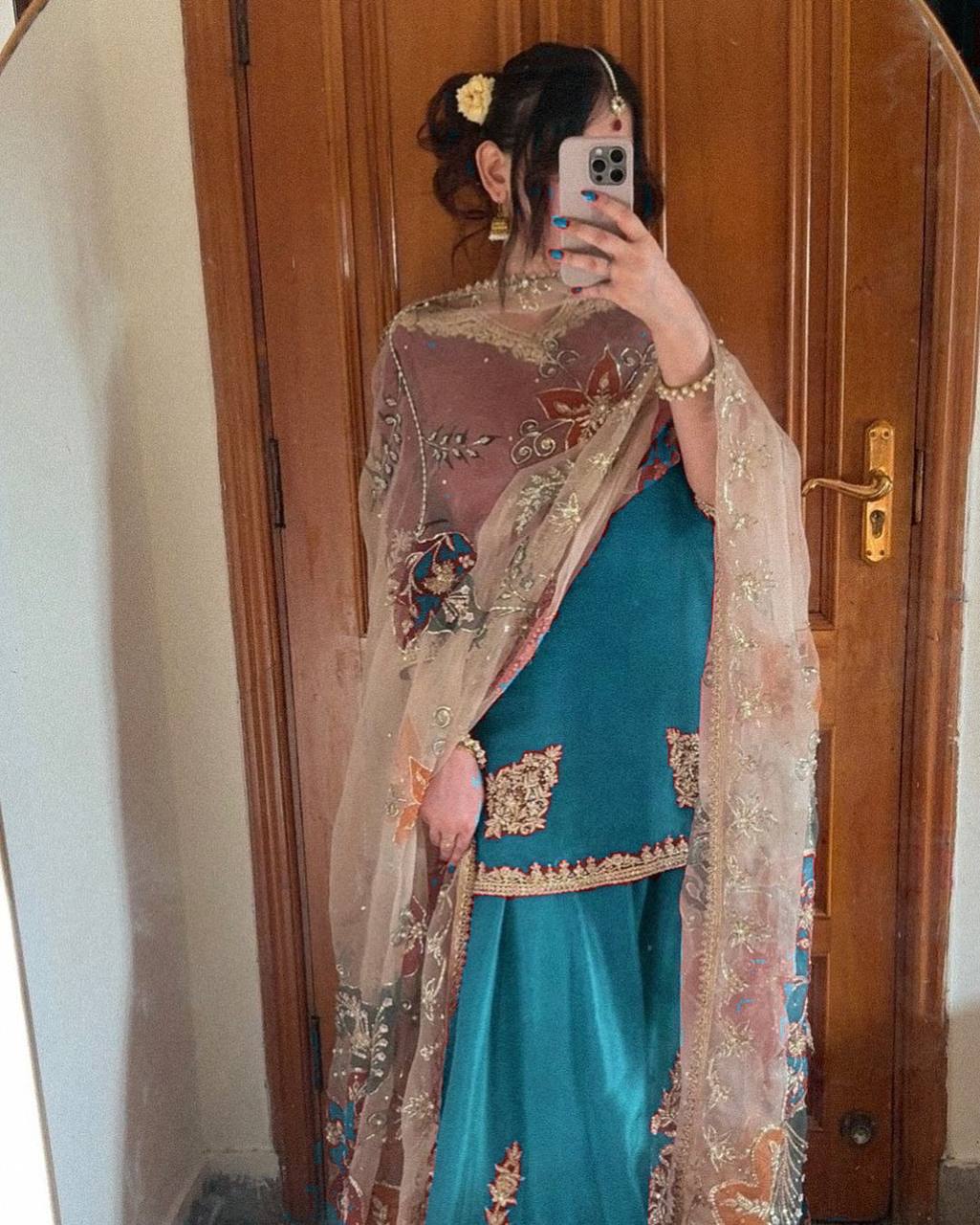 "Elegant Chinon Sequence Embroidered Suit with Full Flare Gharara & Organza Dupatta"