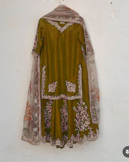 "Elegant Chinon Sequence Embroidered Suit with Full Flare Gharara & Organza Dupatta"