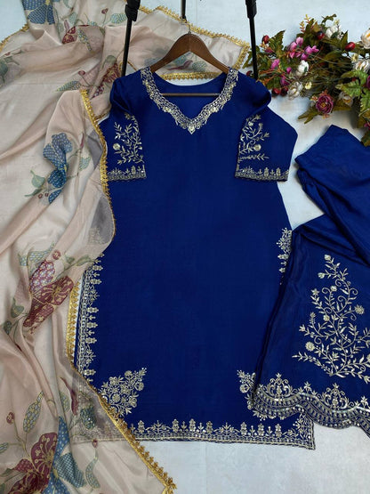 "Elegant Chinon Sequence Embroidered Suit with Full Flare Gharara & Organza Dupatta"