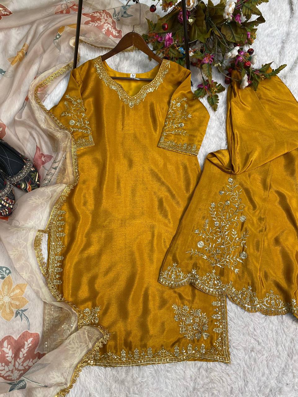 "Elegant Chinon Sequence Embroidered Suit with Full Flare Gharara & Organza Dupatta"