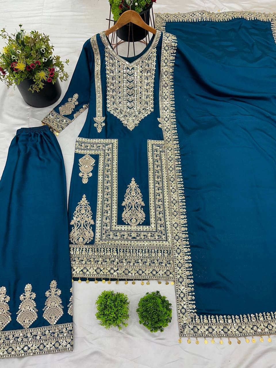 Elegant Pure Chinnon Silk Top, Plazzo, and Dupatta Set with Heavy Embroidery and Sequence Work