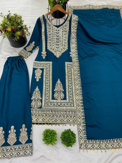 Elegant Pure Chinnon Silk Top, Plazzo, and Dupatta Set with Heavy Embroidery and Sequence Work