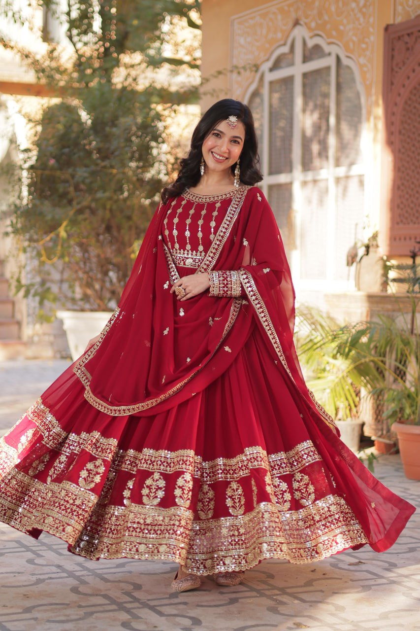 "Elegantly Embellished Faux Blooming Gown & Dupatta Set with Zari and Sequins Work"