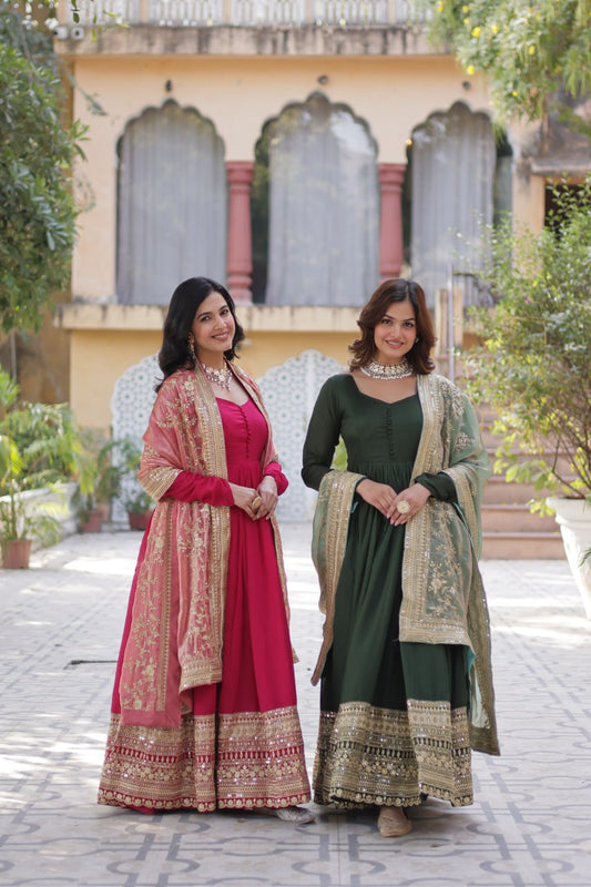 "Elegant Shimmer Vichitra Embroidered Gown with Sequins and Fendi Dupatta with Lace Border"