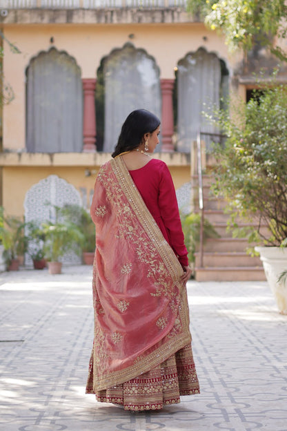 "Elegant Shimmer Vichitra Embroidered Gown with Sequins and Fendi Dupatta with Lace Border"