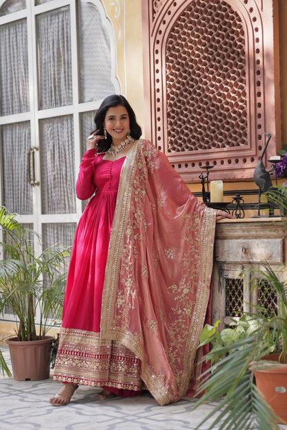 "Elegant Shimmer Vichitra Embroidered Gown with Sequins and Fendi Dupatta with Lace Border"