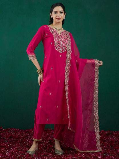 "Elegant Heavy Roman Silk Three-Piece Set with Multi-Thread Embroidery"