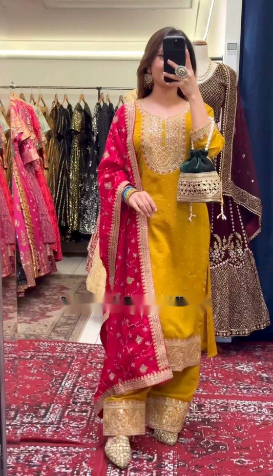 Premium Cinon Silk Outfit with Ravet-Moti & Sequence Work
