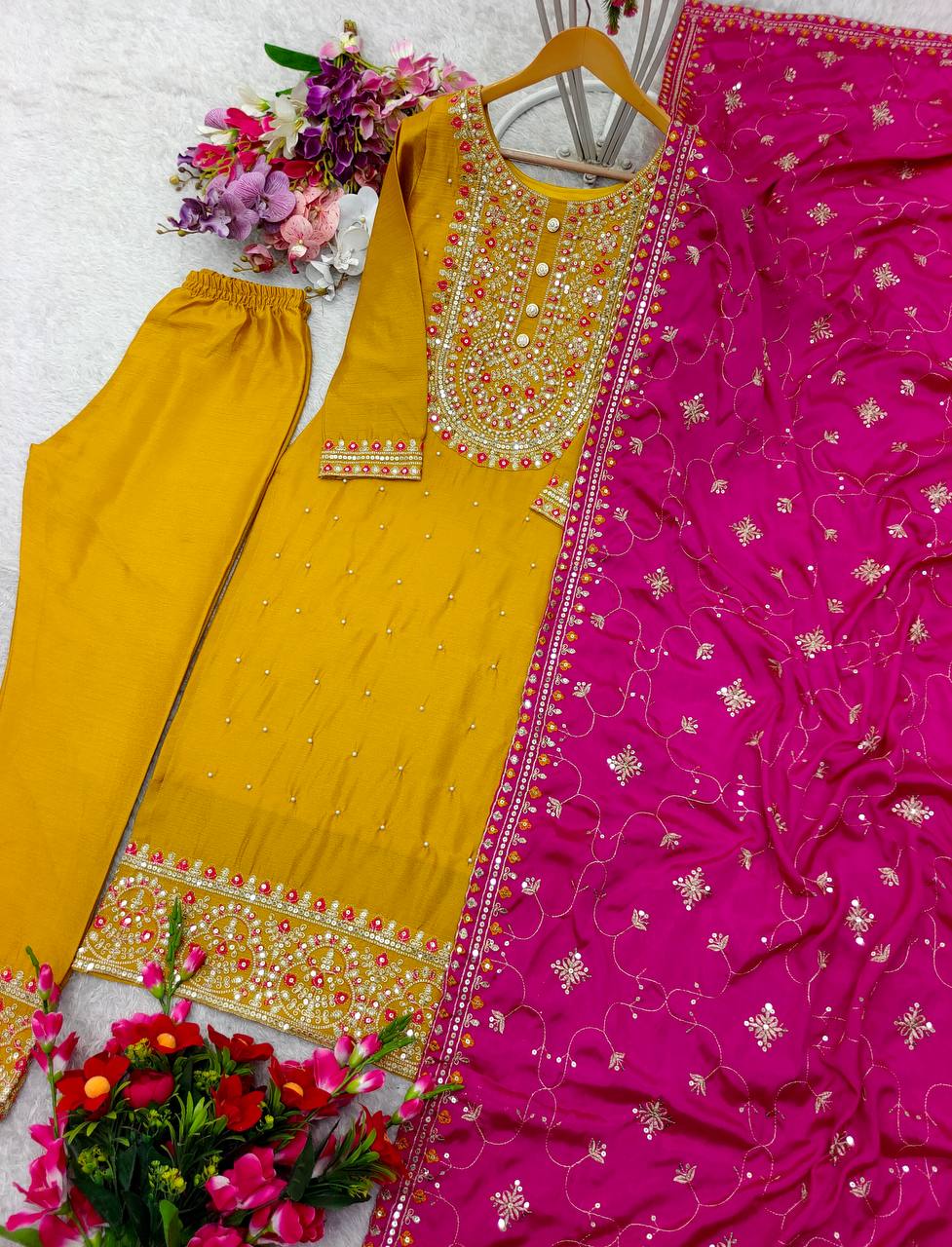 Premium Cinon Silk Outfit with Ravet-Moti & Sequence Work