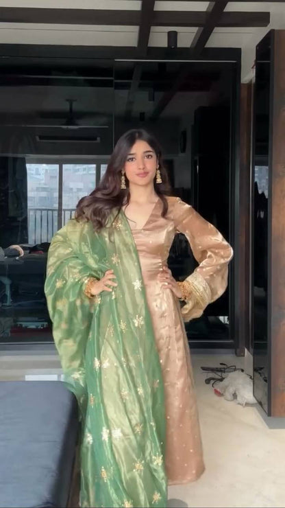 "Luxury Jimmy Choo Embroidered Nayra Cut Set with Sequence Work & Silver Gold Dupatta"