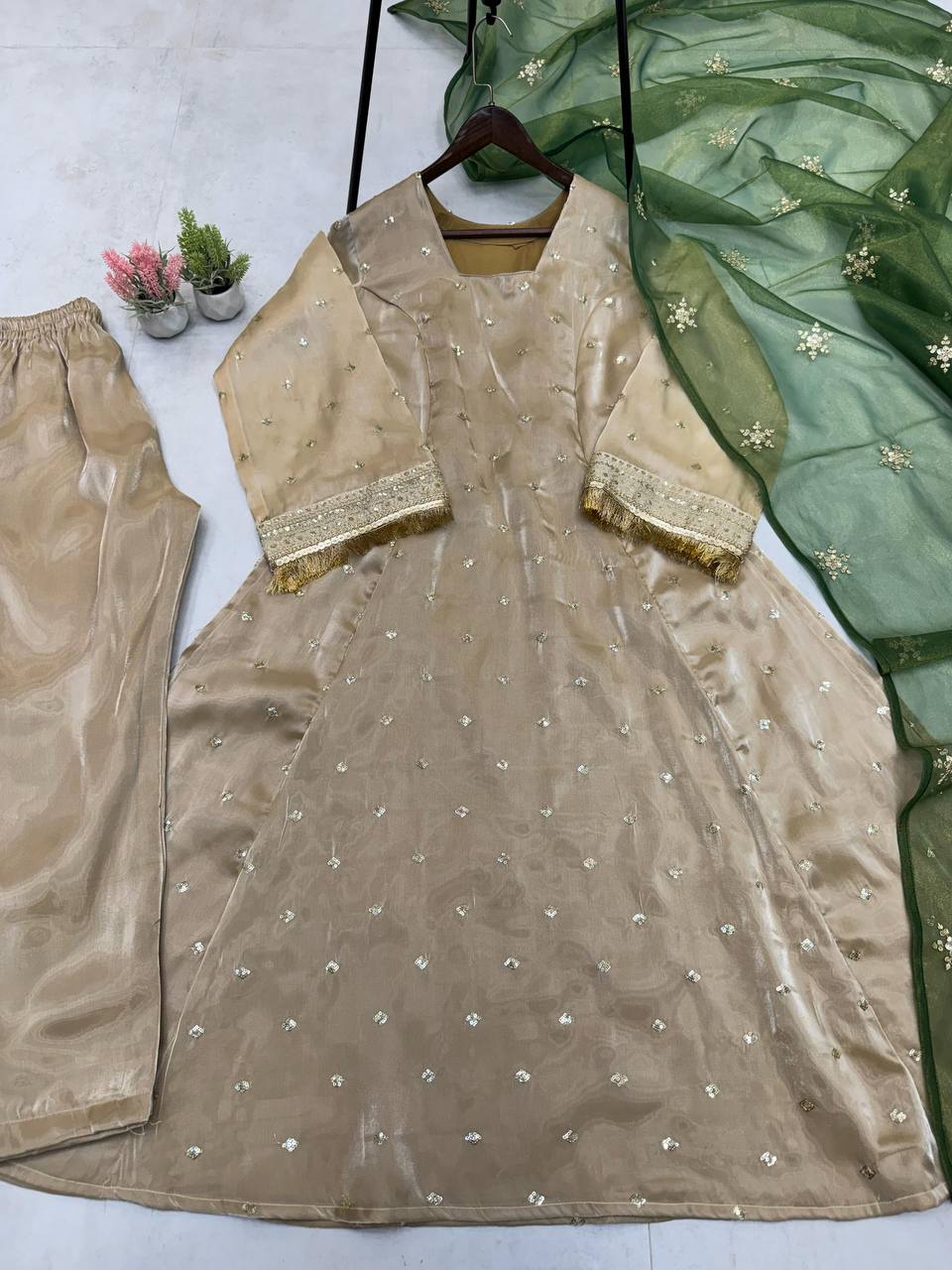 "Luxury Jimmy Choo Embroidered Nayra Cut Set with Sequence Work & Silver Gold Dupatta"