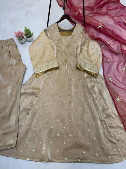 "Luxury Jimmy Choo Embroidered Nayra Cut Set with Sequence Work & Silver Gold Dupatta"